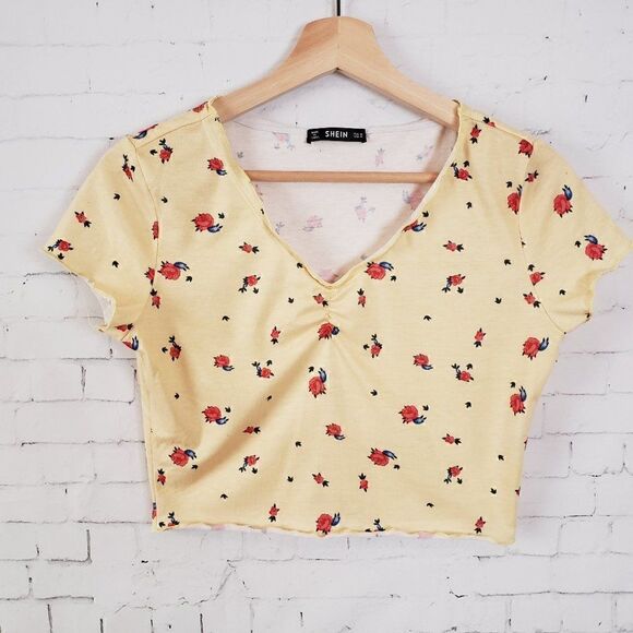 Shein Floral Crop Top Yellow Red Rose Print Y2K - Picture 1 of 7